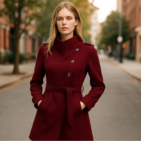 NWT GUESS Asymmetrical Belted Wrap Coat Maroon / Wine Wool Blend - Picture 2 of 14